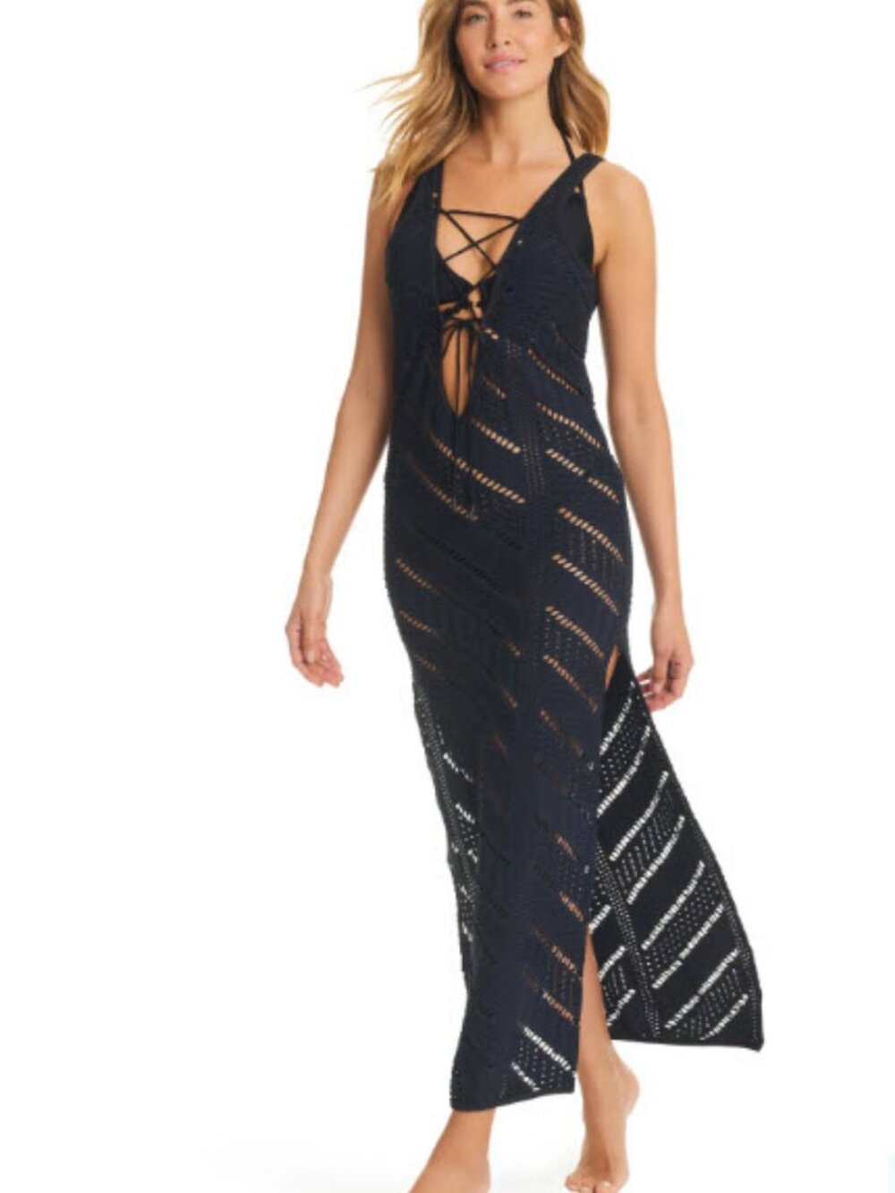 Womens Red Carter Black (Item- 85) Plunging Neckline Swim Maxi Cover-Up Dress S